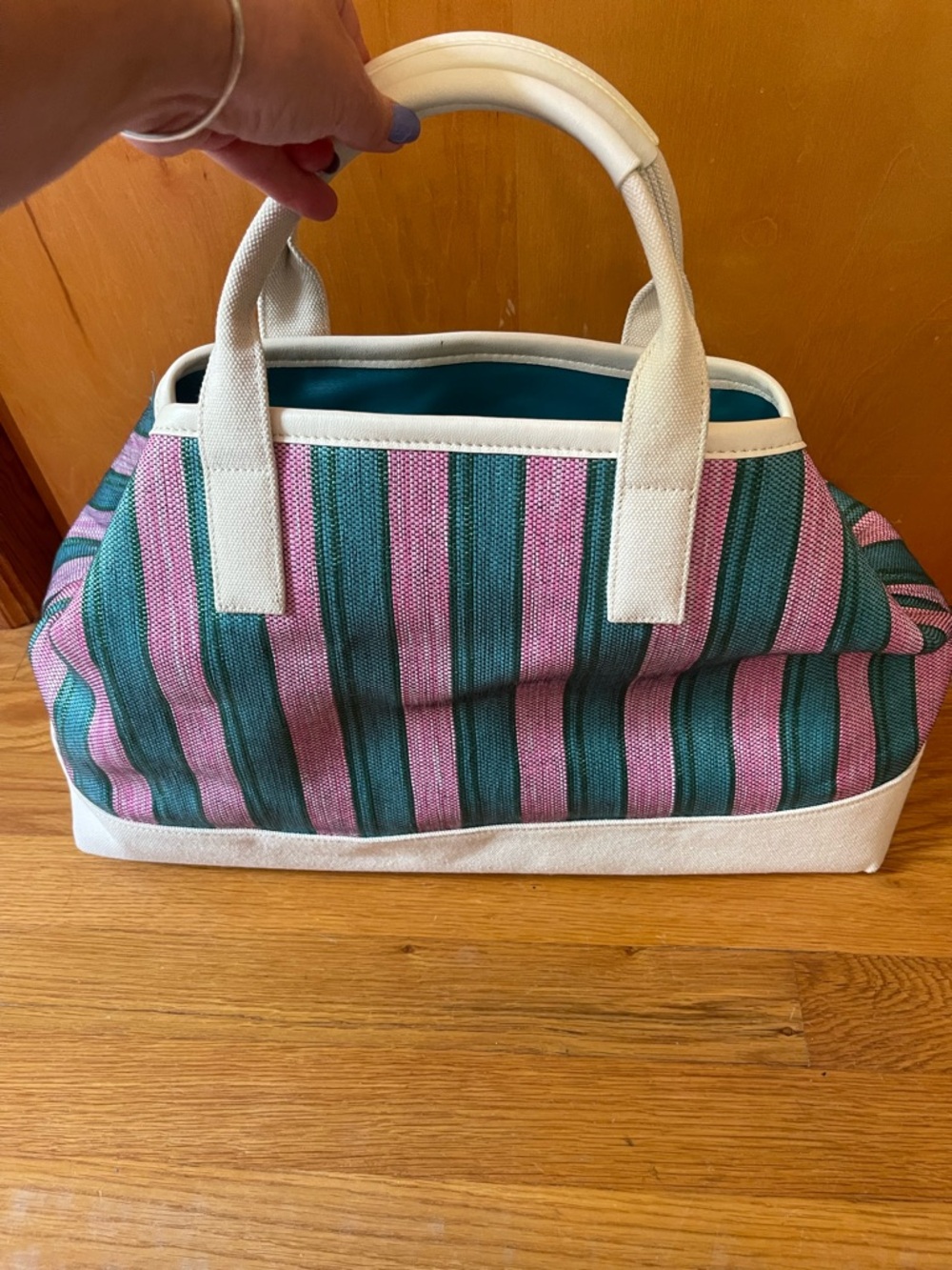 Draper James Pink and Teal Striped Canvas Tote